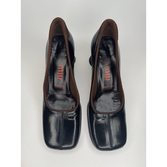 Miu Miu 90s Shoes 37 Real 38,5 Black Patent Leather Brown Square Toe Block Heel - Picture 2 of 9